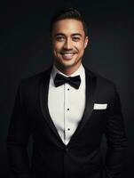 Smiling young man of Asian descent dressed in suit on gray background AI Generative photo