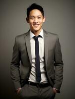 Smiling young man of Asian descent dressed in suit on gray background AI Generative photo