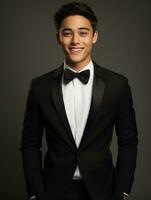 Smiling young man of Asian descent dressed in suit on gray background AI Generative photo