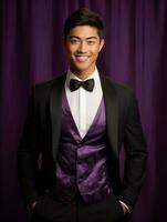 Smiling young man of Asian descent dressed in suit on gray background AI Generative photo