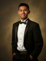 Smiling young man of Asian descent dressed in suit on gray background AI Generative photo