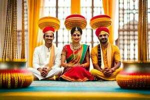 a couple and their family pose for a photo in traditional indian attire. AI-Generated