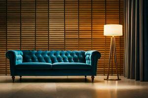 a blue couch in front of a wall with wooden paneling. AI-Generated photo
