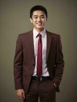 Smiling young man of Asian descent dressed in suit on gray background AI Generative photo