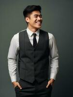 Smiling young man of Asian descent dressed in suit on gray background AI Generative photo