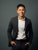 Smiling young man of Asian descent dressed in suit on gray background AI Generative photo