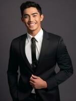 Smiling young man of Asian descent dressed in suit on gray background AI Generative photo