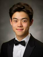 sonriente joven hombre de asiático descendencia vestido en traje en gris antecedentes ai generativo foto