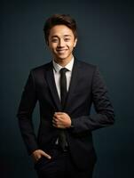 Smiling young man of Asian descent dressed in suit on gray background AI Generative photo