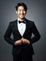 Smiling young man of Asian descent dressed in suit on gray background AI Generative photo