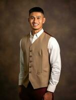 Smiling young man of Asian descent dressed in suit on gray background AI Generative photo