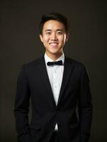 Smiling young man of Asian descent dressed in suit on gray background AI Generative photo