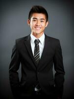 Smiling young man of Asian descent dressed in suit on gray background AI Generative photo