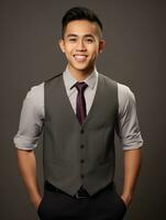 Smiling young man of Asian descent dressed in suit on gray background AI Generative photo