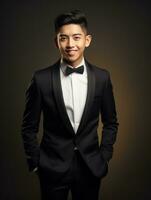 Smiling young man of Asian descent dressed in suit on gray background AI Generative photo