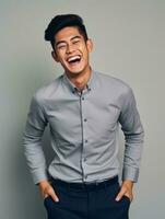 Smiling young man of Asian descent dressed in suit on gray background AI Generative photo