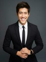 Smiling young man of Asian descent dressed in suit on gray background AI Generative photo