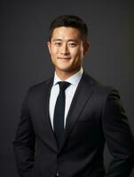 Smiling young man of Asian descent dressed in suit on gray background AI Generative photo