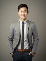 Smiling young man of Asian descent dressed in suit on gray background AI Generative photo