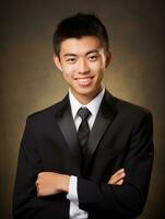 Smiling young man of Asian descent dressed in suit on gray background AI Generative photo