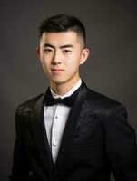 Smiling young man of Asian descent dressed in suit on gray background AI Generative photo