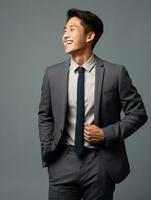 Smiling young man of Asian descent dressed in suit on gray background AI Generative photo