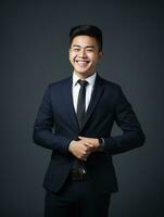 Smiling young man of Asian descent dressed in suit on gray background AI Generative photo