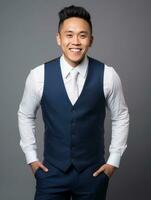 Smiling young man of Asian descent dressed in suit on gray background AI Generative photo