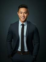 Smiling young man of Asian descent dressed in suit on gray background AI Generative photo