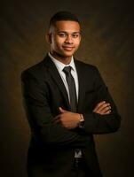 Smiling young man of Asian descent dressed in suit on gray background AI Generative photo