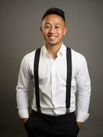 Smiling young man of Asian descent dressed in suit on gray background AI Generative photo
