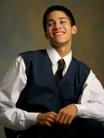 Smiling young man of Asian descent dressed in suit on gray background AI Generative photo