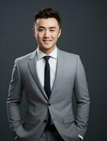 Smiling young man of Asian descent dressed in suit on gray background AI Generative photo