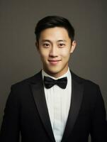 Smiling young man of Asian descent dressed in suit on gray background AI Generative photo