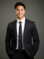 Smiling young man of Asian descent dressed in suit on gray background AI Generative photo