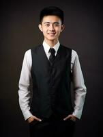 Smiling young man of Asian descent dressed in suit on gray background AI Generative photo