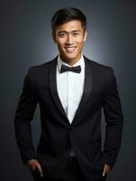 Smiling young man of Asian descent dressed in suit on gray background AI Generative photo