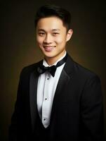 Smiling young man of Asian descent dressed in suit on gray background AI Generative photo