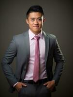 Smiling young man of Asian descent dressed in suit on gray background AI Generative photo