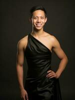 Smiling young man of Asian descent dressed in suit on gray background AI Generative photo
