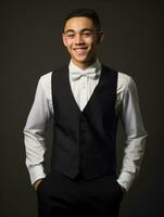 Smiling young man of Asian descent dressed in suit on gray background AI Generative photo