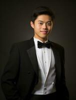 Smiling young man of Asian descent dressed in suit on gray background AI Generative photo