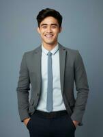 Smiling young man of Asian descent dressed in suit on gray background AI Generative photo