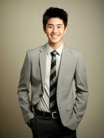 Smiling young man of Asian descent dressed in suit on gray background AI Generative photo