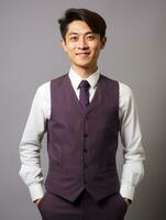 Smiling young man of Asian descent dressed in suit on gray background AI Generative photo