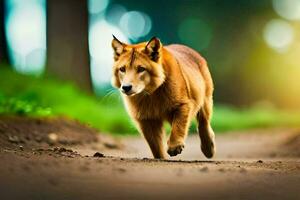 a dog running on a dirt road in the forest. AI-Generated photo