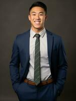 Smiling young man of Asian descent dressed in suit on gray background AI Generative photo