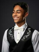 Smiling young man of Asian descent dressed in suit on gray background AI Generative photo