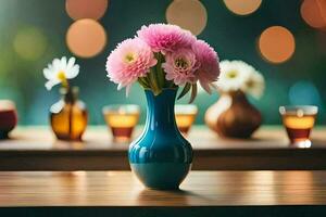 a vase with pink flowers sitting on a table. AI-Generated photo