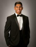 Smiling young man of Asian descent dressed in suit on gray background AI Generative photo